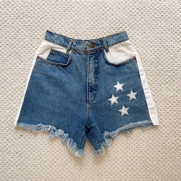 Rare 1990s VINTAGE Denim Short Shorts Hot Pants Distressed White Stars Mid-Rise